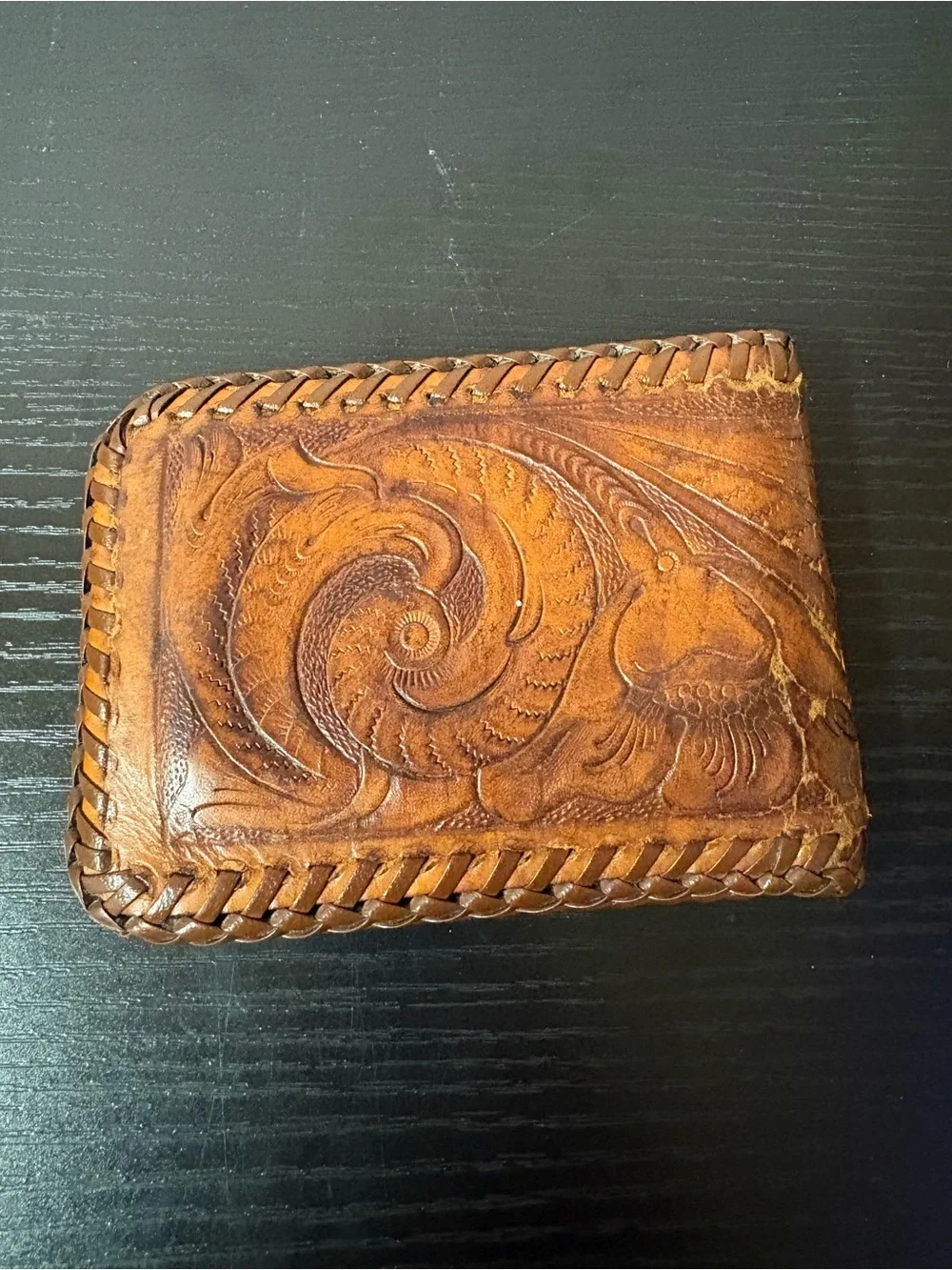 Hand Tooled Brown Leather Bifold Wallet Floral Western Braided Edge